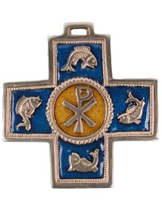Croix d'art en bronze - Chrisme & poisson