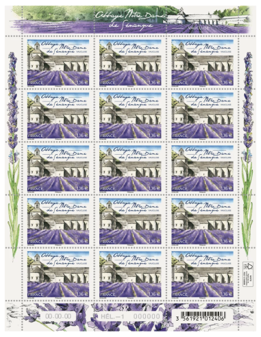 Planche de timbres de l'abbaye de Sénanque - Parfumé à la lavande
