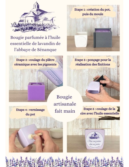 Bougie faite à la main, parfumée à l'huile essentielle de lavande de l'abbaye de Sénanque